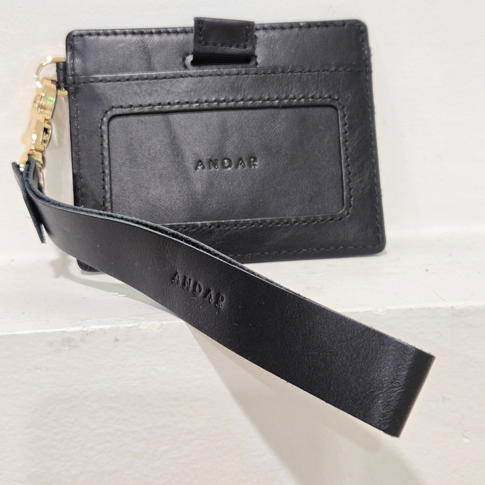 Andar The Denner Leather Wristlet ID Holder Wallet Black Card pull RFID Gold